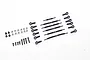 A set of FMS Land Cruiser 80 metal suspension rods, including threaded rods, rod ends, screws, and nuts, laid out on a white background.