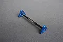 Koswork blue aluminium ride height gauge tool with black central handle, featuring laser-etched measurement markings on triangular ends.