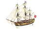 A finished 1/65 scale wooden model of the HMS Endeavour with white sails, rigging, and British flags against a white background.