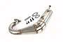 Rovan stainless steel tuned exhaust pipe for RC engines with included mounting hardware and gaskets on a white background.