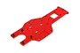 A red anodized aluminium rear main chassis plate for an RC vehicle, featuring multiple mounting holes and cutouts.