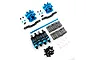 A collection of blue aluminium RC car suspension and drivetrain upgrade parts including shock absorbers, carbon fibre plates, and hardware.