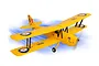 A yellow Phoenix Model Tiger Moth RC biplane kit shown in a studio setting with a blue motion blur effect.
