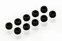 Ten small black metal grub screws with hexagonal drive sockets arranged in a staggered pattern on a white background.