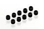 A set of ten small black metal grub screws arranged in a loose grid on a white background.