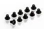 Ten black metal button head screws arranged on a white background.