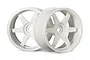 Two white HPI Racing TE37 style RC car rims with a 6mm offset, shown from a front-quarter angle against a white background.