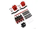 A set of Yeah Racing red aluminium RC car suspension components including shocks, carbon fiber shock towers, and hardware on a white background.