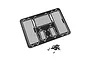 A flat sheet of black stainless steel window mesh for RC cars, featuring various rectangular grid sizes, accompanied by a small pile of black mounting screws.