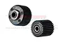 GPM Racing black carbon steel 47T and 29T idler gear set for RC cars, featuring integrated ball bearings and laser-etched markings.