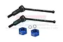 Two black carbon steel RC CVD driveshafts with 59.5mm markings, two blue aluminium wheel hexes, and two small metal washers on a white background.