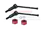 Two black metal RC CVD driveshafts with 59.5mm markings, two small washers, and two red aluminium wheel hexes with GPM branding on a white background.