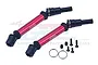 Two GPM Racing red aluminium and black steel CVD driveshafts with included screws and rings on a white background.
