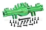 A green anodized aluminium RC front differential housing with a collection of black mounting screws on a white background.