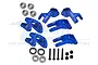 A set of blue anodized aluminium RC car hub carriers and steering knuckles with included bearings, screws, and nuts.