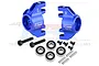 A pair of blue anodized aluminium steering hubs for RC cars by GPM Racing, including screws, bearings, and pins.