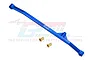 A blue anodized aluminium steering tie rod for RC cars by GPM Racing, shown with two small brass bushings against a white background.
