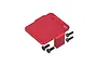 A red anodized aluminium GPM servo mount or radio deck with four black hex screws, isolated on a white background.