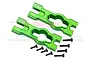 Two green anodized aluminium body mount braces from GPM Racing with included black screws, viewed from an angle against a white background.