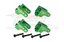 Four green anodized aluminium upper shock mounts for RC cars with four black mounting screws, arranged on a white background.