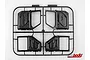 A black plastic sprue containing four 1/10 scale interior door trim panels for an RC car body, set against a plain white background.