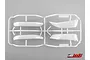 A white plastic parts tree containing four wheel fender components for a 1/10 scale RC body shell, set against a plain grey background.