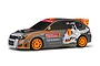 HPI Micro RS4 Subaru WRX STI Bucky Lasek RC car in grey with orange wheels and skull graphics.