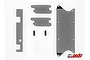 A set of black metal photo-etched mesh parts for a 1/10 scale RC car body, including grille inserts and small brackets, arranged on a white background.