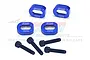 Four blue anodized aluminium motor mount braces and four black socket head screws arranged on a white background.