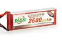 NXE Power 2600mAh 40C LiPo battery with red soft casing and visible wiring against a white background.