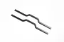 Two black metal RC chassis rails with pre-drilled mounting holes, shown from an overhead angle against a white background.