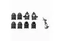 A set of black plastic RC portal axle covers and small mounting screws arranged on a white background.