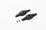Two black plastic RC axle housing halves and two small black screws on a white background.