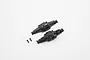 Two black aluminium RC differential housing halves and two small mounting screws on a white background.