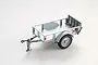 A silver 1/18 scale RC utility trailer with a mesh tailgate and rubber tires on a white background.