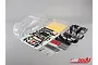 Killerbody 1/10 scale unpainted clear RC car body shell kit including decals, plastic parts trees, and hardware on a grey background.