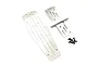 A set of Yeah Racing stainless steel chassis skid plates for a 1/10 RC car, including three metal plates and a small bag of black mounting screws.