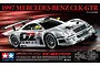 Tamiya 1/10 scale RC kit box art for the 1997 Mercedes-Benz CLK-GTR on the TC-01 chassis, featuring a silver race car with sponsor decals.