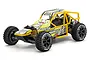Kyosho Sandmaster 2.0 RC buggy in yellow with black wheels and off-road tires, featuring a roll cage design and racing decals.