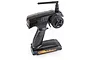 FlySky FS-GT2 2.4GHz 2-channel pistol grip RC transmitter in black, featuring a steering wheel, trigger, and antenna, set against a white background.