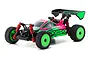 Kyosho Mini-Z Inferno MP9 RC buggy in pink and green livery with bright green wheels and red shock absorbers on a white background.