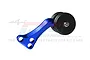 A blue anodized aluminium RC wheelie bar arm with a black plastic wheel attached, featuring a GPM Racing watermark in the background.
