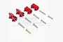 GPM Racing red aluminium servo mounts and included screws on a white background.