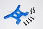 A blue anodized aluminum rear shock tower for an RC car, accompanied by eight black metal screws, set against a plain white background.
