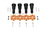 GPM Racing hardened steel CVD axle shafts and orange anodized aluminum wheel hex adapters for RC cars.