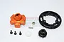 GPM Racing 17T pinion and 53T spur gear set with an orange aluminium gear adapter, metal nut, pin, screws, and a white plastic washer on a white background.