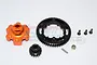 GPM Racing 17T pinion gear and 55T spur gear set with an orange aluminium gear adapter, mounting screws, nut, and pin on a white background.