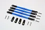 A set of four blue anodized aluminium steering linkages with black plastic rod ends and included mounting screws on a white background.