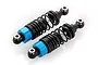 Two blue and black RC shock absorbers with black springs on a white background.