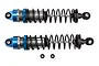 Two Team Associated adjustable RC front shock absorbers with blue and gunmetal aluminium bodies and black springs, shown with two small rubber O-rings.